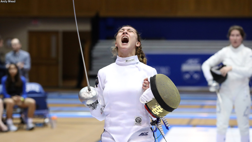 Amanda Sirico celebrates upon winning the ACC Women's Epee Title at the 2017 ACC Fencing Championships on Saturday, February 25, at Cameron Indoor Arena.
