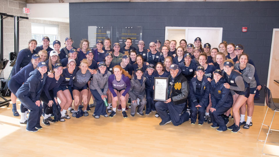The 2016-17 Notre Dame rowing team poses for a picture after head coach Martin Stone was presented an honorary monogram on Friday, April 21, 2017.